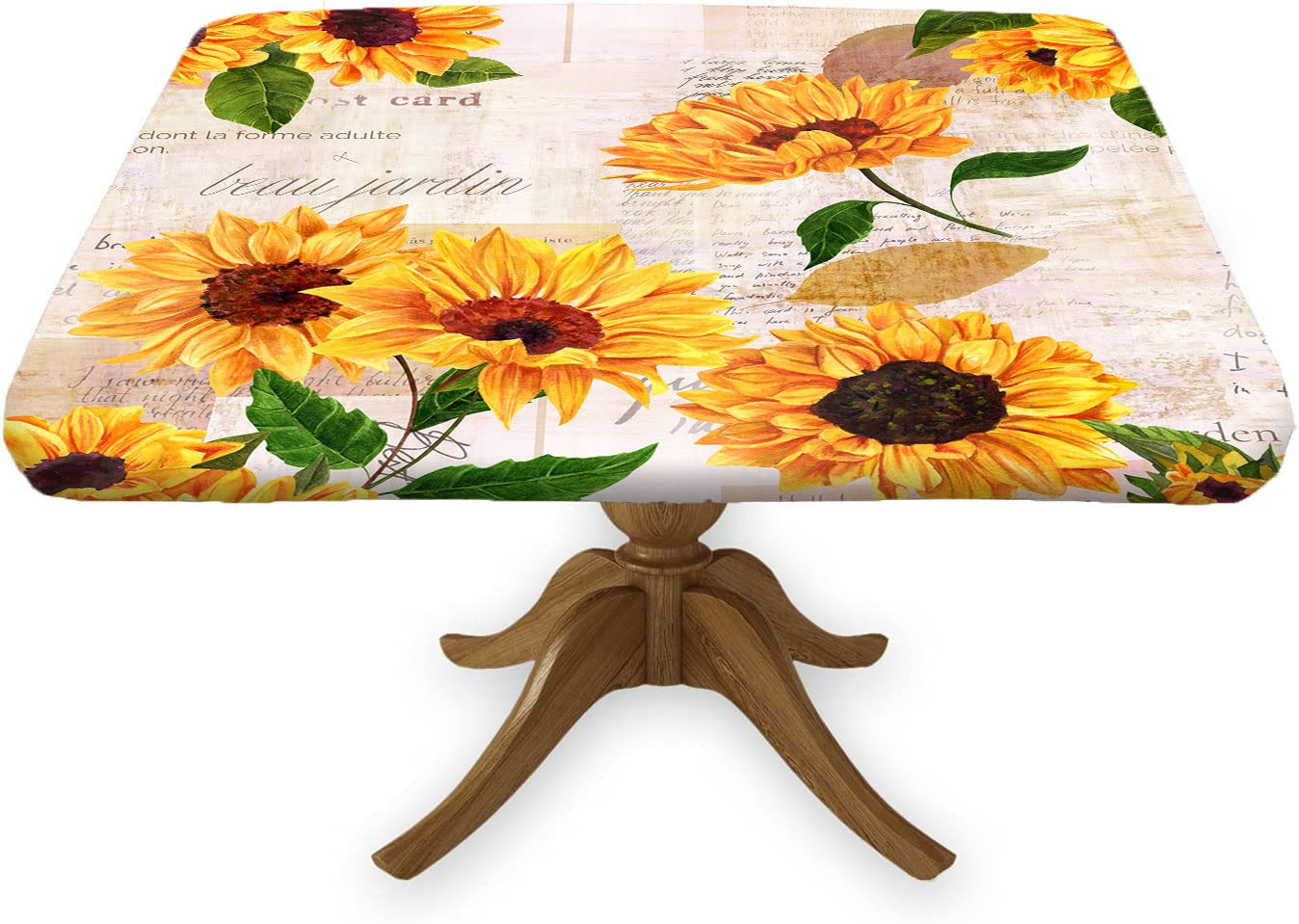 Vintage Sunflower Elastic Edged Square Tablecloth - 24x24 Inch Washable Dustproof Yellow Table Cover for Kitchen, Dining Room, Patio & Outdoor BBQ Parties