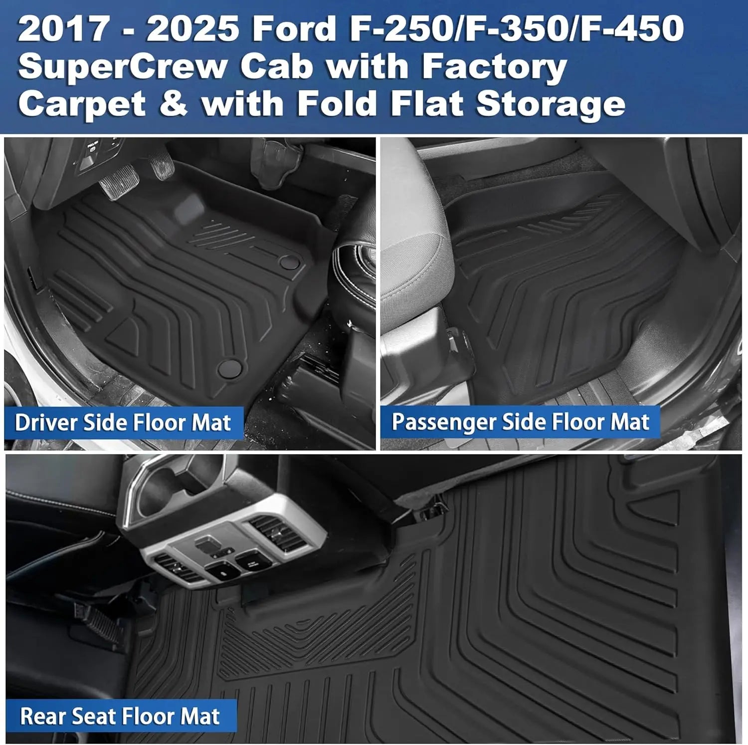 WEIZE All-Weather Floor Mats for 2017-2024 Ford F-250 & F-350 SuperCrew Cab - Heavy Duty Rear Set with Under Seat Storage | 3-Piece Set | Perfect for Off-Roading, Work Trucks & Family Adventures