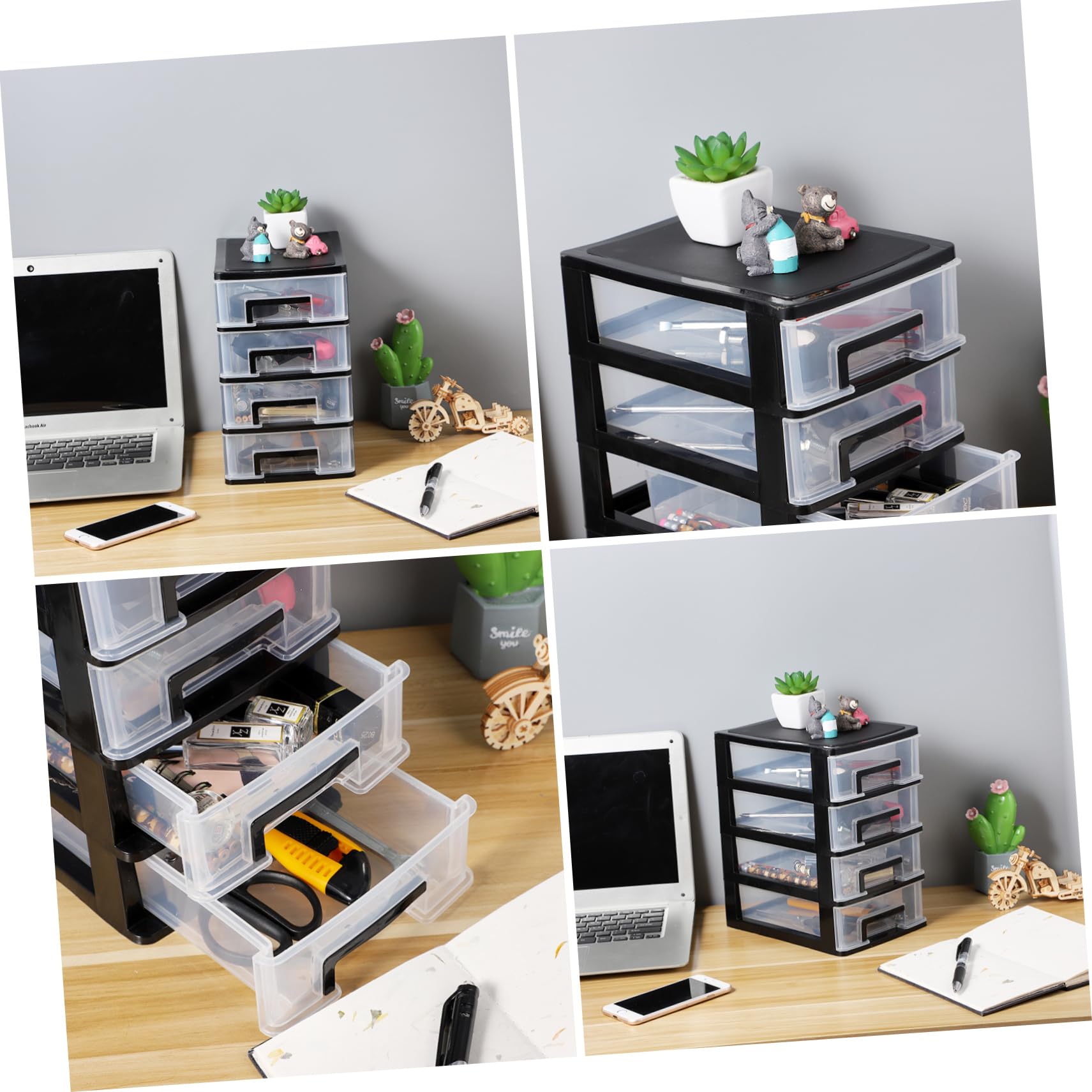 BESPORTBLE 4-Layer Stackable Plastic Storage Drawer Organizer - Black & Transparent Small Desktop Cabinet for Office Supplies, Makeup, Crafts | Compact Drawer Storage Solution for Home, Office & Dorm Organization