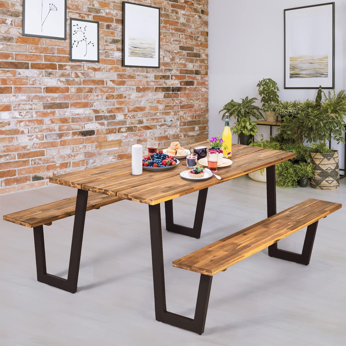 Giantex 6 or 8 Person Acacia Wood Outdoor Picnic Table Bench Set - 70.5