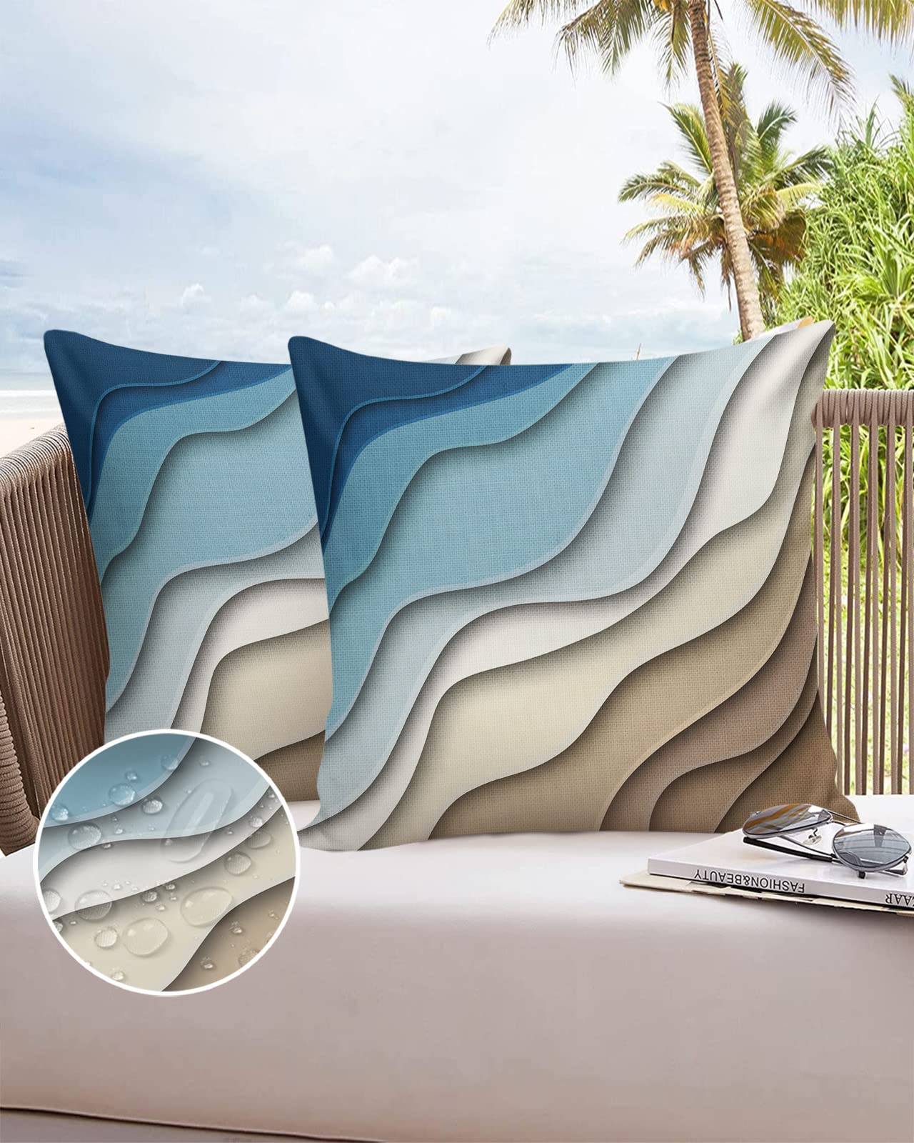 Waterproof Outdoor Throw Pillow Cover Set of 2 - Blue Modern Geometric & Brown Abstract Lumbar Pillowcases 20x20 Inches - Decorative Patio Furniture Cushions for Garden, Porch, Poolside & Living Room