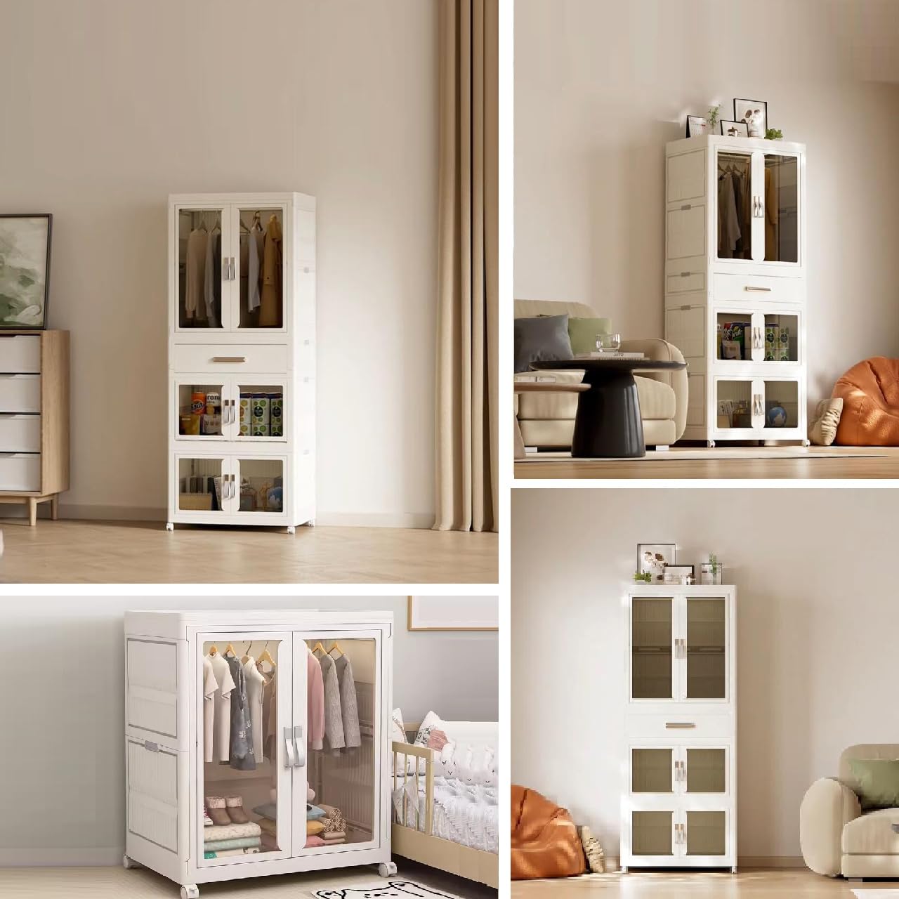 Portable Kids Wardrobe Closet Organizer - Large White Collapsible Storage Cabinet with Hanging Rod for Bedroom | Easy Assembly Plastic Closet for Children's Room, Nursery & Dorm Organization | Perfect for Small Spaces, Travel & Seasonal Clothing Storage