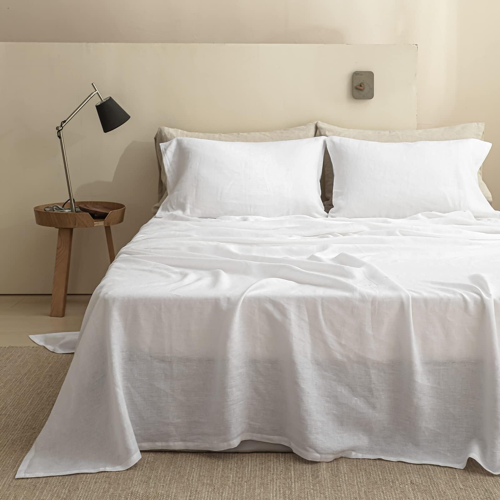 Premium 100% French Linen Sheet Set King Size - 4 Piece Natural Breathable Bedding for All Seasons | Soft & Durable Luxury Bed Sheets | Perfect for Master Bedroom, Guest Room & Vacation Homes (White, King)