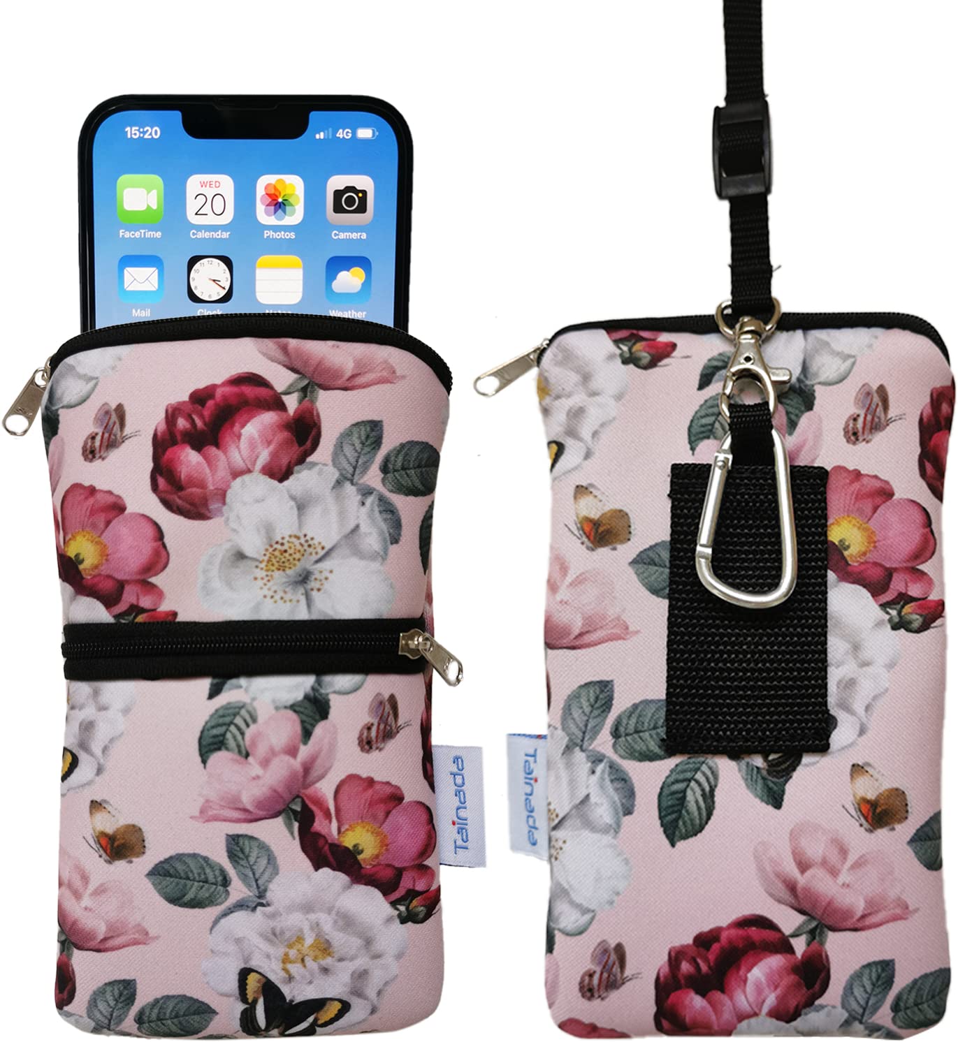 Tainada Shockproof Neoprene Phone Case with Zipper - Compatible with iPhone 16/15 Pro Max/Plus & Samsung S24/S23+/A54 - Includes Carabiner, Neck Lanyard & Belt Loop (Pink Floral) - Perfect for Outdoor Activities, Travel & Daily Protection
