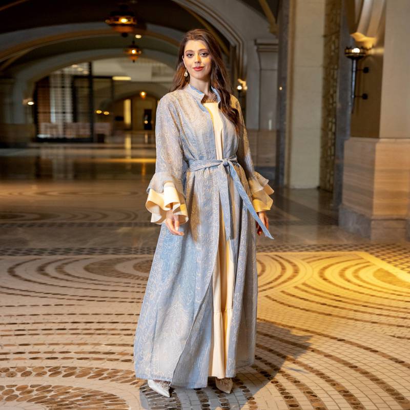2-Piece Women's Ruffle Sleeve Open Abaya Kaftan Dress Set with Inner Sleeveless Dress - Elegant Muslim Fashion for Prayer, Homewear & Special Occasions