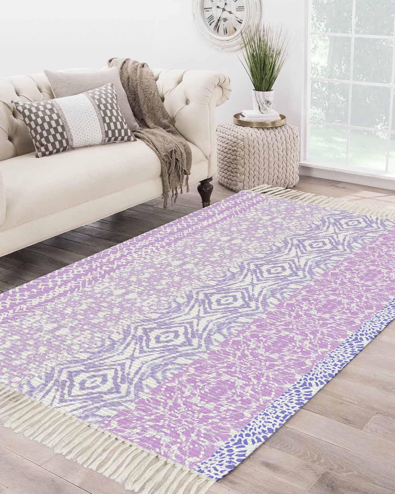 Purple Boho Large Area Rug 4x6ft - Handwoven Runner Rug with Geometric Mandala Tie-Dye Pattern | Washable Bohemian Carpet with Tassels for Living Room, Bedroom, Kitchen, Bathroom & Classroom | Indoor Door Mat for Home Decor & Yoga Space