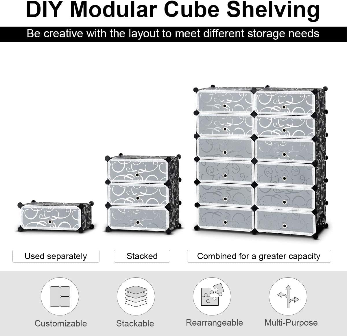 GRAFFY 12-Cube Shoe Rack Organizer - DIY Modular Storage Cabinet with Doors - Plastic Shoe Shelf for Entryway, Living Room, Bedroom - Perfect for Small Spaces & Closet Organization