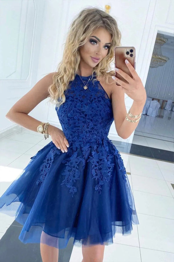 Elegant A-Line Halter Short Red Homecoming Dress with Appliques - TN421 | Perfect for Prom, Party, and Special Occasions