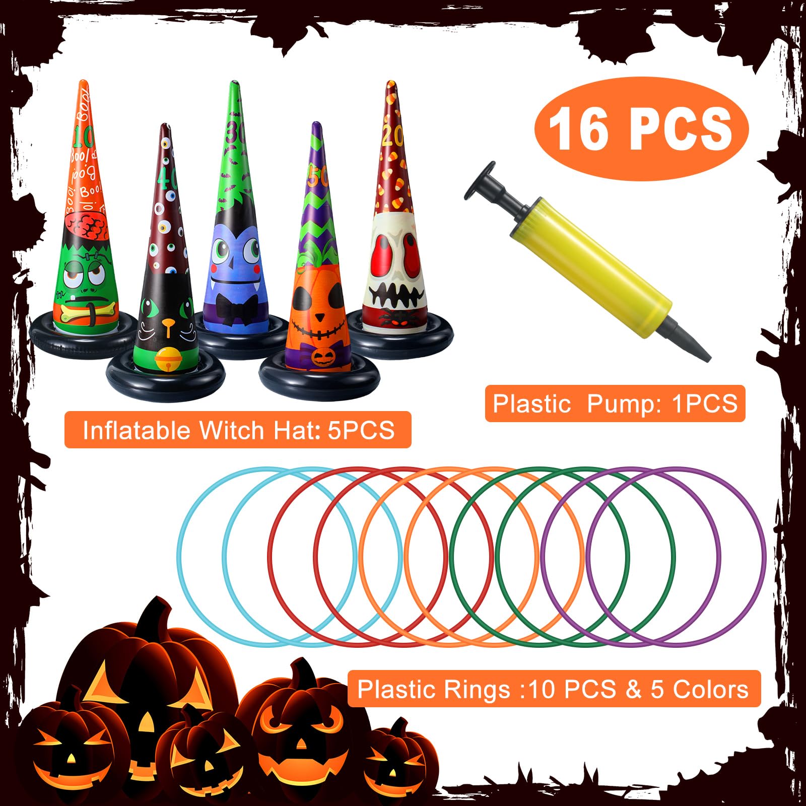 Capoda 16-Piece Halloween Ring Toss Game Set with Toss Rings, Pump & Witch Hat - Fun Outdoor/Indoor Party Game for Families, Kids & Adults - Perfect for Halloween Decorations, Garden Parties & Backyard Games