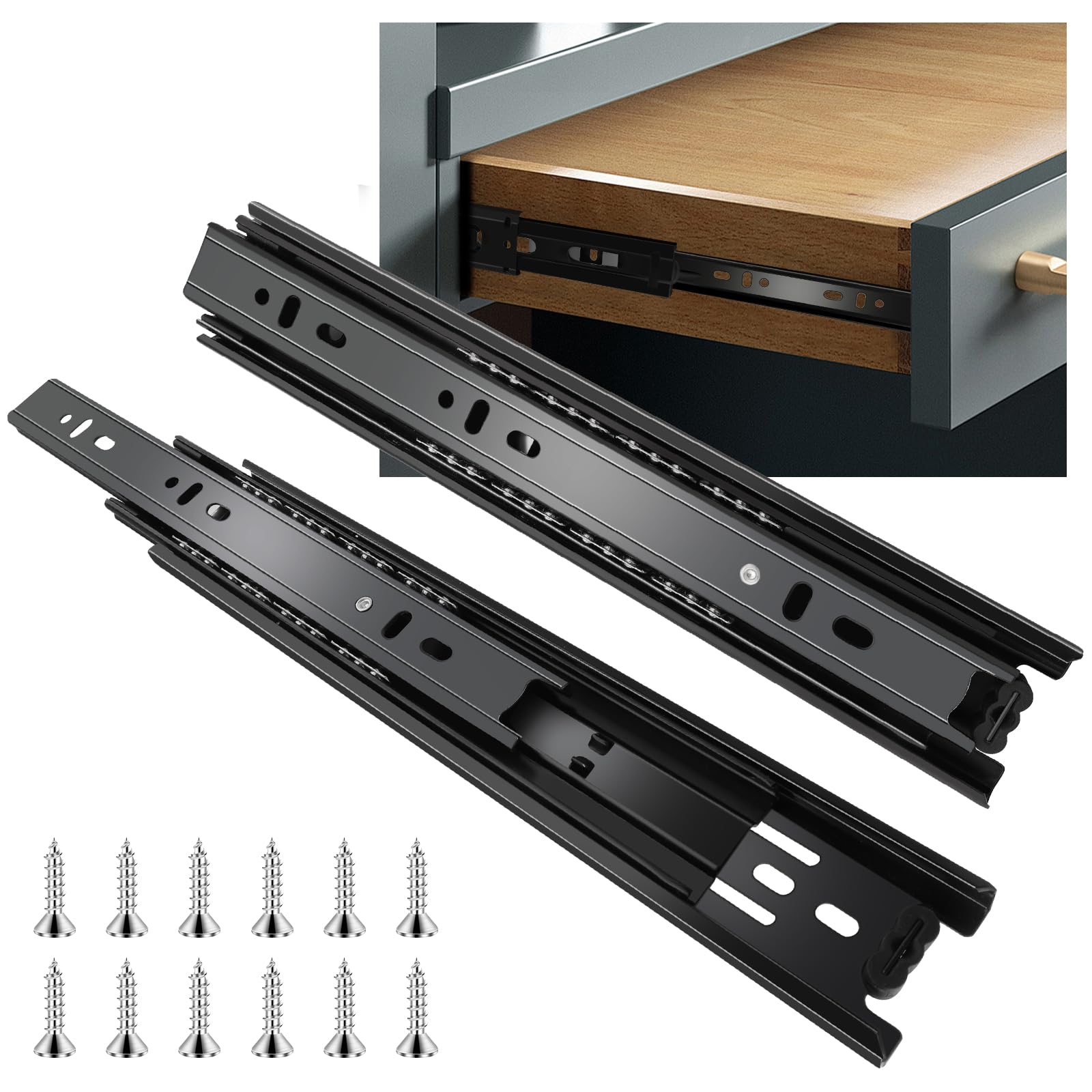 22 Inch Full Extension Ball Bearing Drawer Slides - 6 Pairs (12pcs) Heavy Duty Side Mount Drawer Rails for Kitchen Cabinets, Wardrobes, File Cabinets & Trash Cans - 100 LB Capacity Black Metal Glides - Perfect for Smooth Cabinet Operation & Space Organization