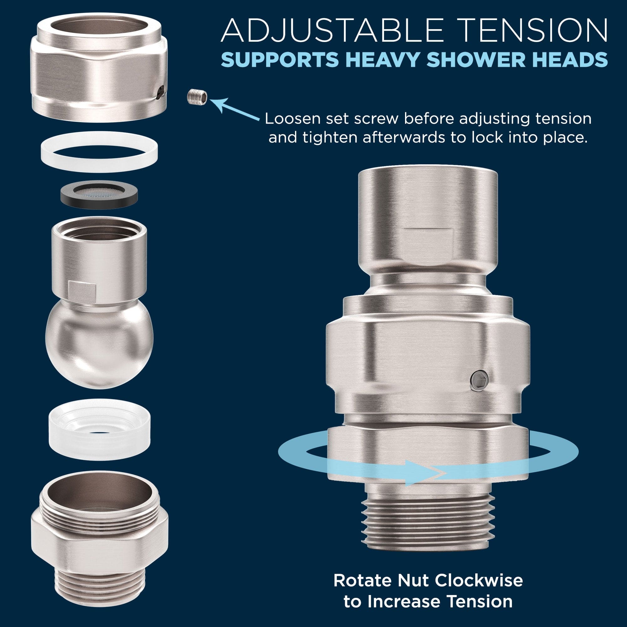 Premium All-Metal Shower Head Swivel Adapter - 360° Adjustable Angle for Perfect Shower Position - Ideal for Bathroom Renovation & Handicap Accessibility