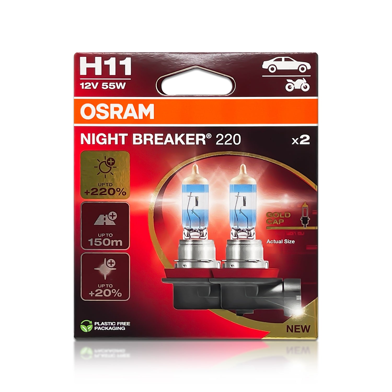 Osram 64211NB220 H11 Night Breaker 220 Halogen Headlight Bulbs - Pack of 2 | High Performance for Night Driving & Foggy Conditions