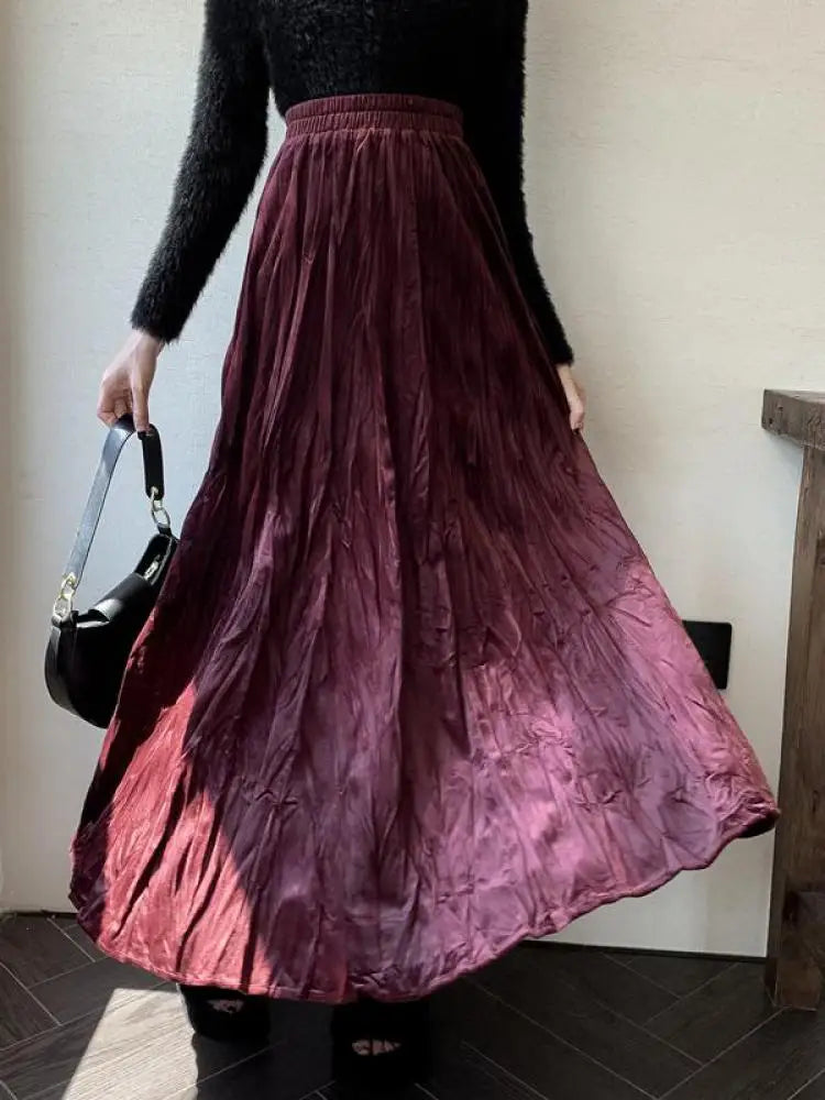 Women's High Waist Velvet Pleated Long Skirt - Black, Red & Brown Korean Style Elastic Waistband for Autumn Winter | Elegant Party, Vacation & Office Wear