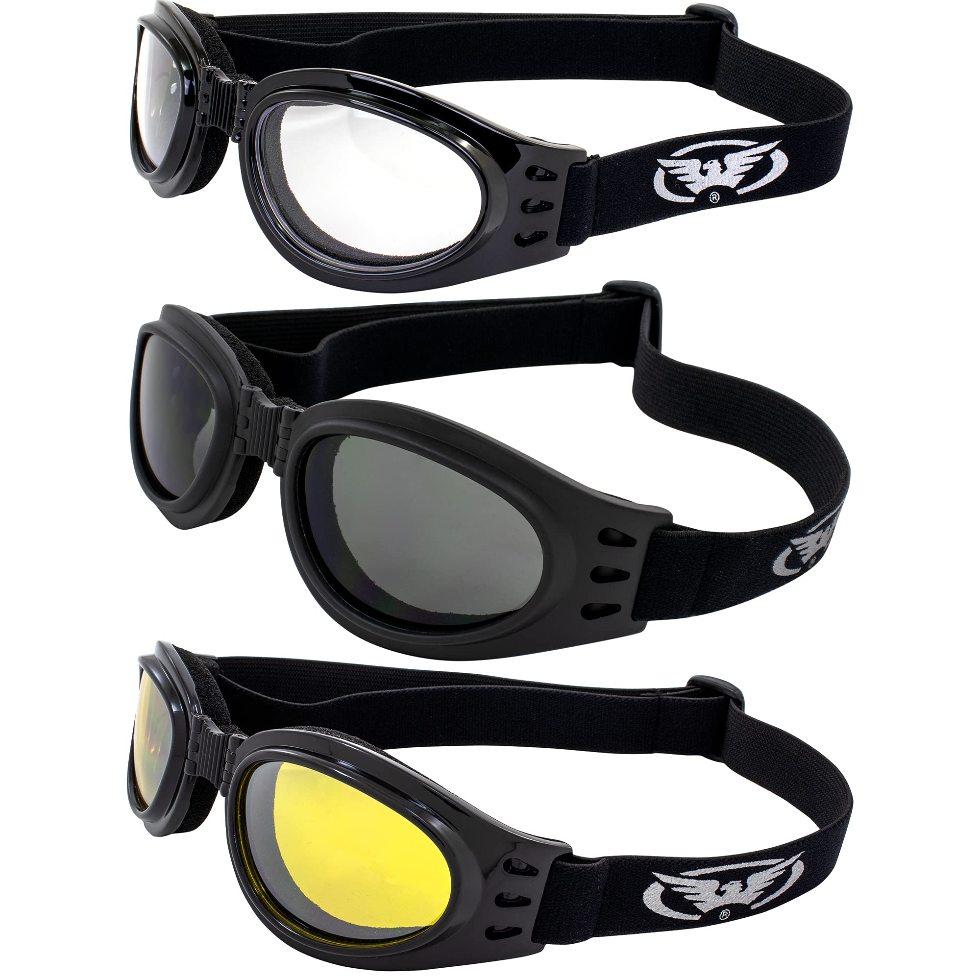 Global Vision 3 Foldable Motorcycle Goggles - Clear, Smoked & Yellow Mirrored Lenses for Burning Man Festival | UV Protection, Windproof Riding Glasses for Motorcycle, ATV, Snowmobile & Outdoor Adventures