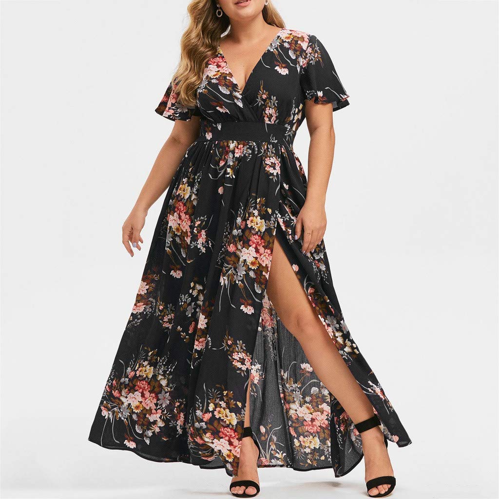 Plus Size Boho Maxi Dress for Women - Elegant Oversized Floral Print Dress with Side Slit | Perfect for Beach Vacations, Summer Parties & Casual Outings
