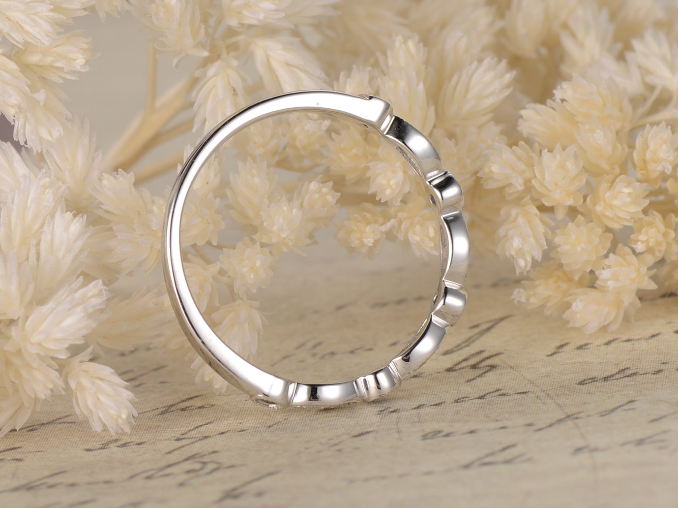 14K White Gold Sapphire Diamond Wedding Band - Half Eternity Bezel Set Ring with Milgrain Detailing | Art Deco Inspired Bridal Jewelry for Engagement, Anniversary & Special Occasions