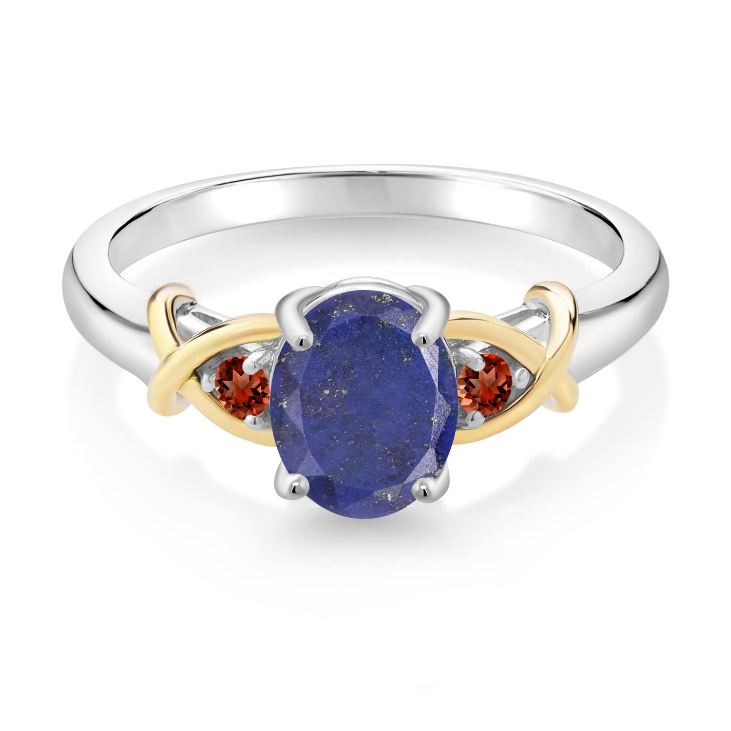 1.50 Ct Oval Blue Lapis & Red Garnet Ring in 925 Sterling Silver & 10K Yellow Gold | Gem Stone King | Elegant Jewelry for Women, Wedding, Anniversary & Special Occasions