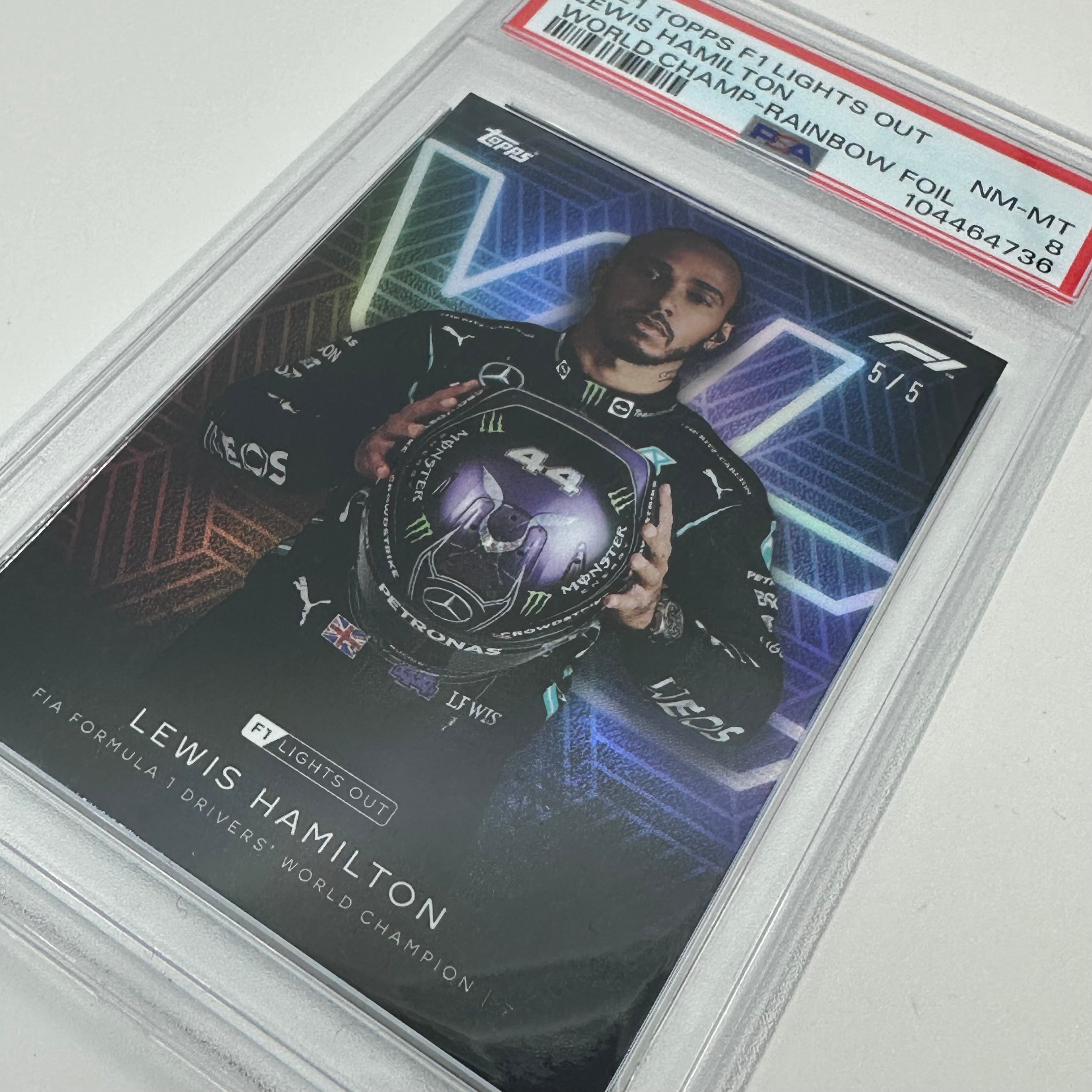 PSA 8 Graded 5/5 Lewis Hamilton Driver World Champion Rainbow Foil Trading Card - Perfect for Collectors, Fans & Sports Memorabilia Enthusiasts