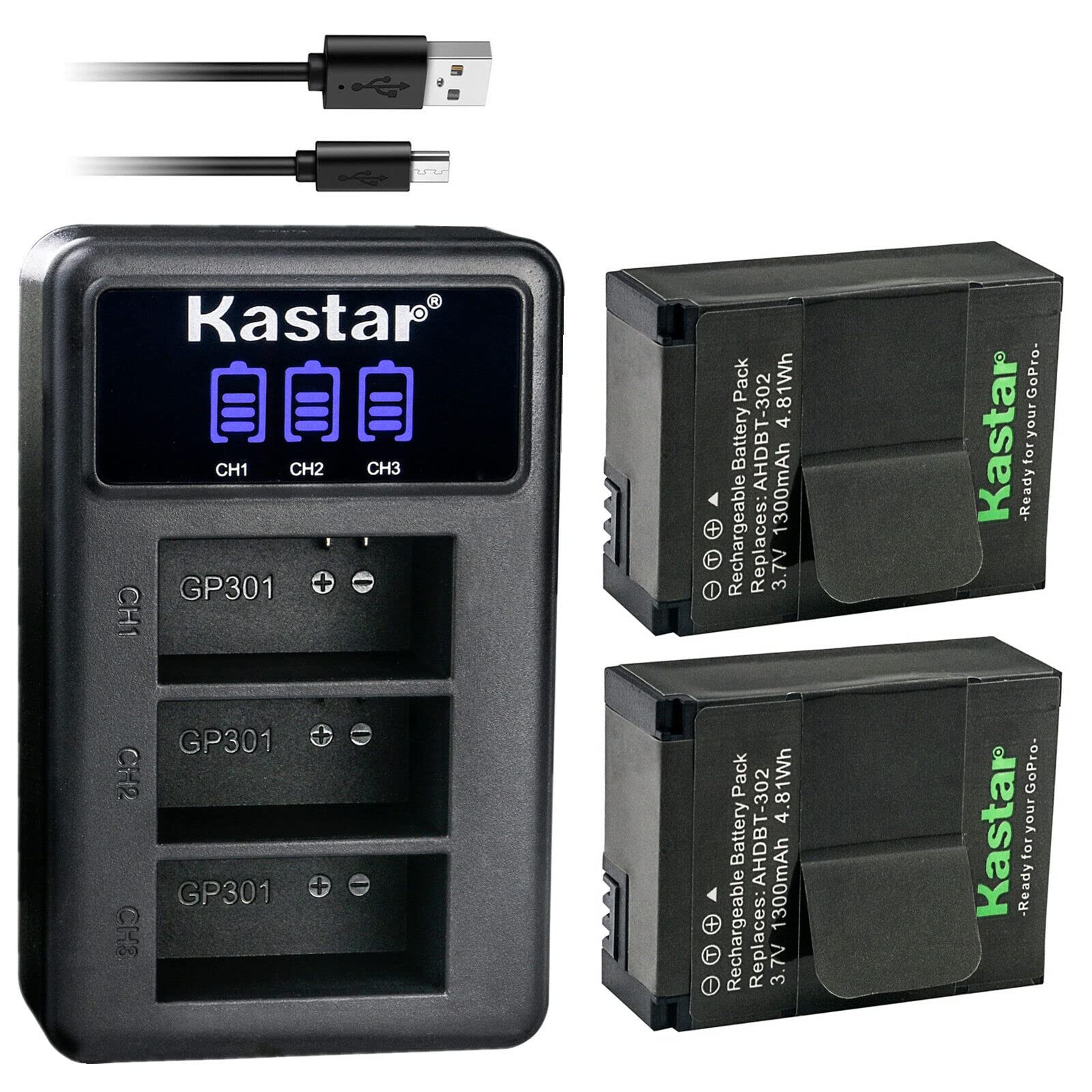 Kastar 2-Pack 3.7V Rechargeable Batteries with LCD Triple USB Charger - Compatible with SP-Gadgets POV Light & Powerbar Duo - Perfect for Camping, Hiking, and Emergency Power Backup