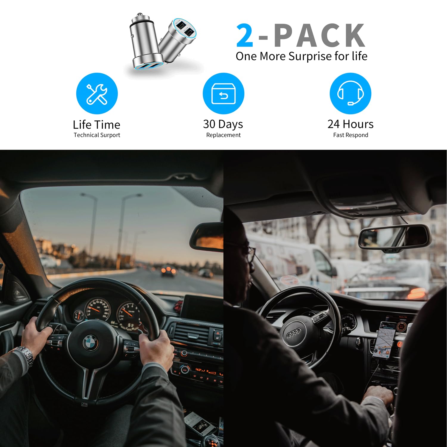 MFi Certified 2-Pack USB Car Charger for iPhone & Samsung - 4.8A Dual Port Fast Charging Adapter - Compatible with iPhone 14/13/12/11/Pro/XS/XR/SE/X & Galaxy S23/S10/S9/S8/S7 - Perfect for Road Trips & Daily Commutes