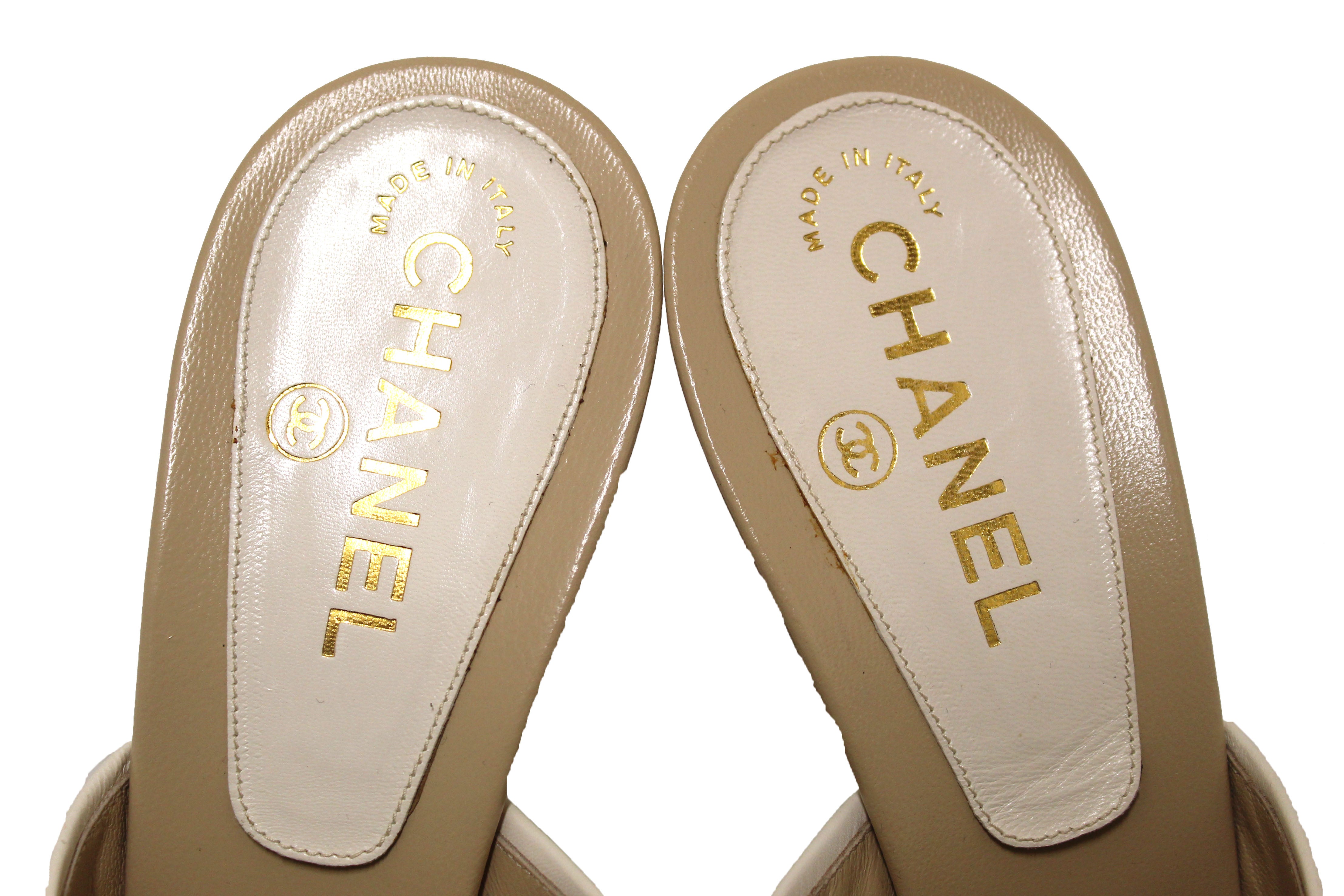 Authentic Chanel Beige Leather Turnlock CC Logo Mule Sandals - Size 40 | Luxury Slide Heel Strap Shoes for Women | Perfect for Summer Outfits, Beach Vacations & Special Occasions