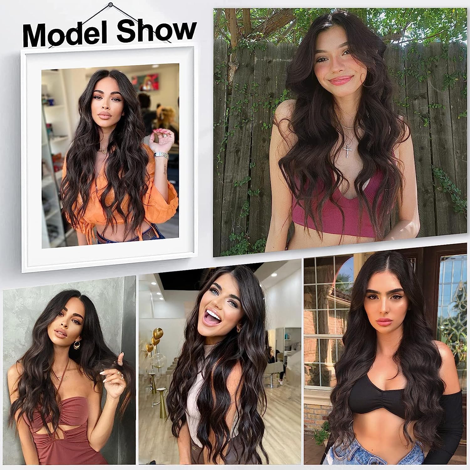 El Cabell Brown Invisible Wave Hair Extensions - 24 Inch Adjustable Size with Transparent Headband & 5 Secure Clips - Natural Looking Long Wavy Hairpiece for Women - Perfect for Daily Wear, Parties, Weddings and Special Occasions