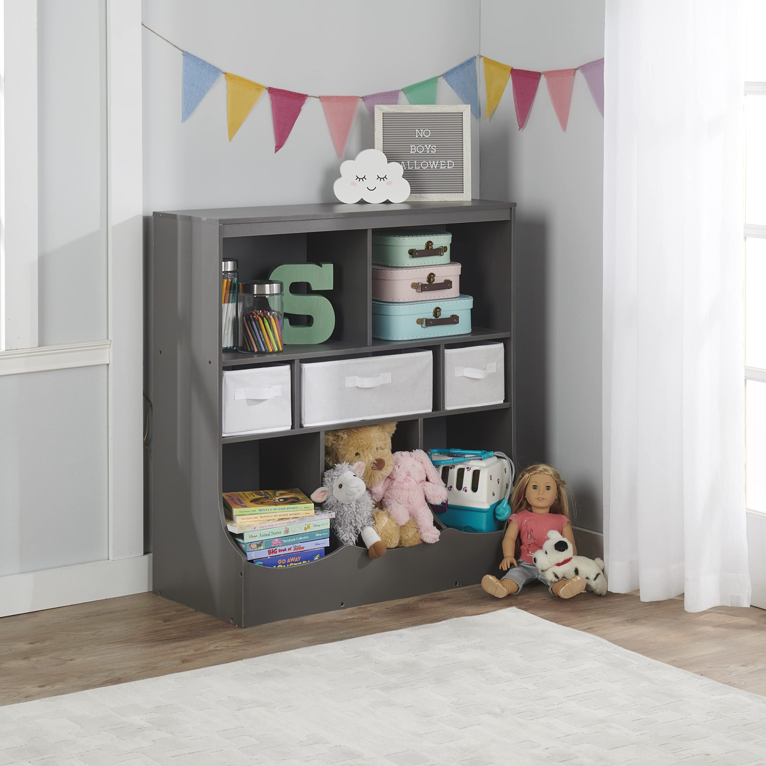 Badger Basket Kids Toy Storage Organizer with 3 Bins & Bookshelf - Charcoal Gray | Space-Saving Nursery, Playroom & Classroom Organization Solution