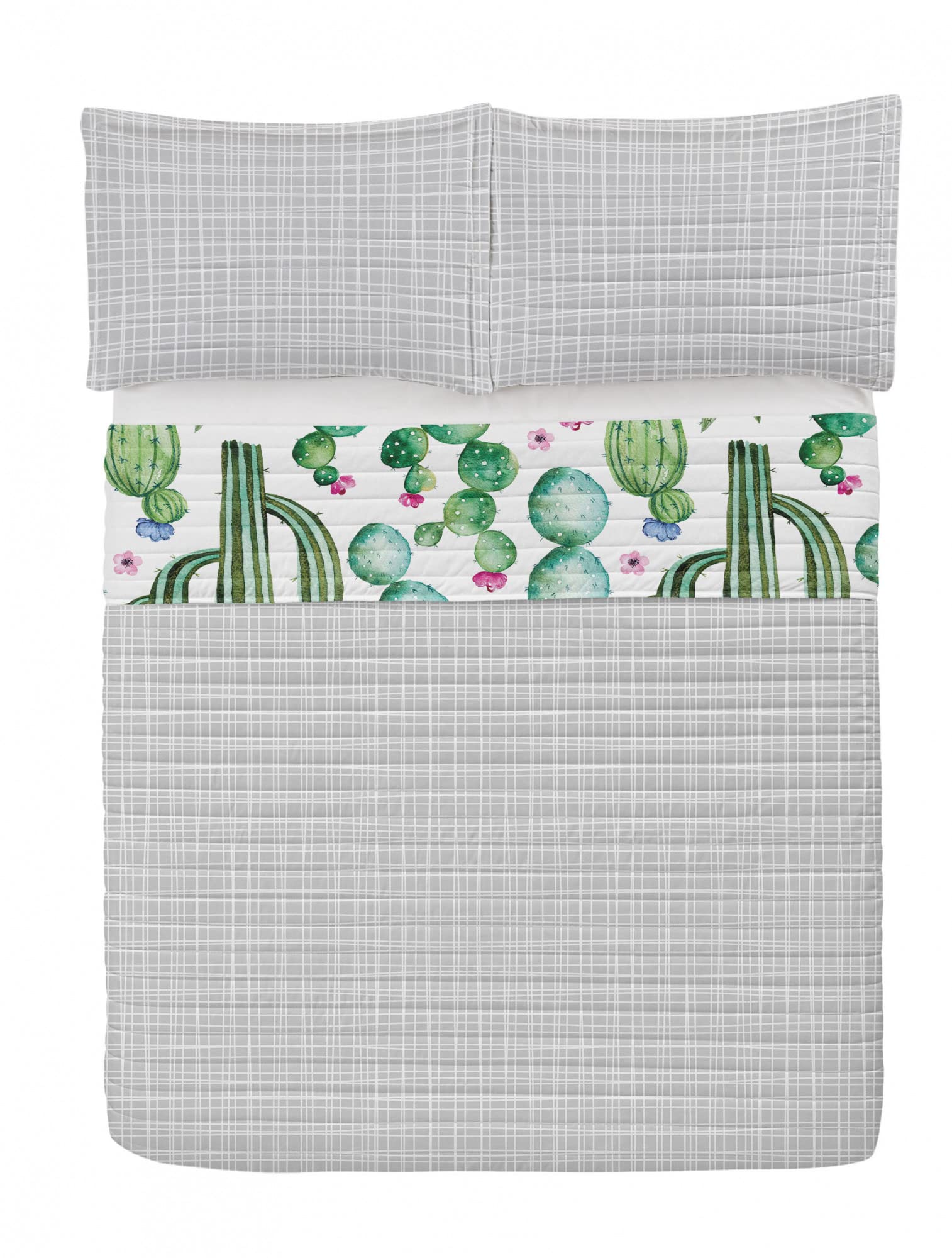 Ambesonne Reversible King Size Bedspread Set - Mexican Cactus Cartoon Print Microfiber Bedding with Pillow Shams in Lime Green & Pale Pink | Perfect for Southwestern Decor, Guest Room Makeover, and Cozy Bedroom Upgrade