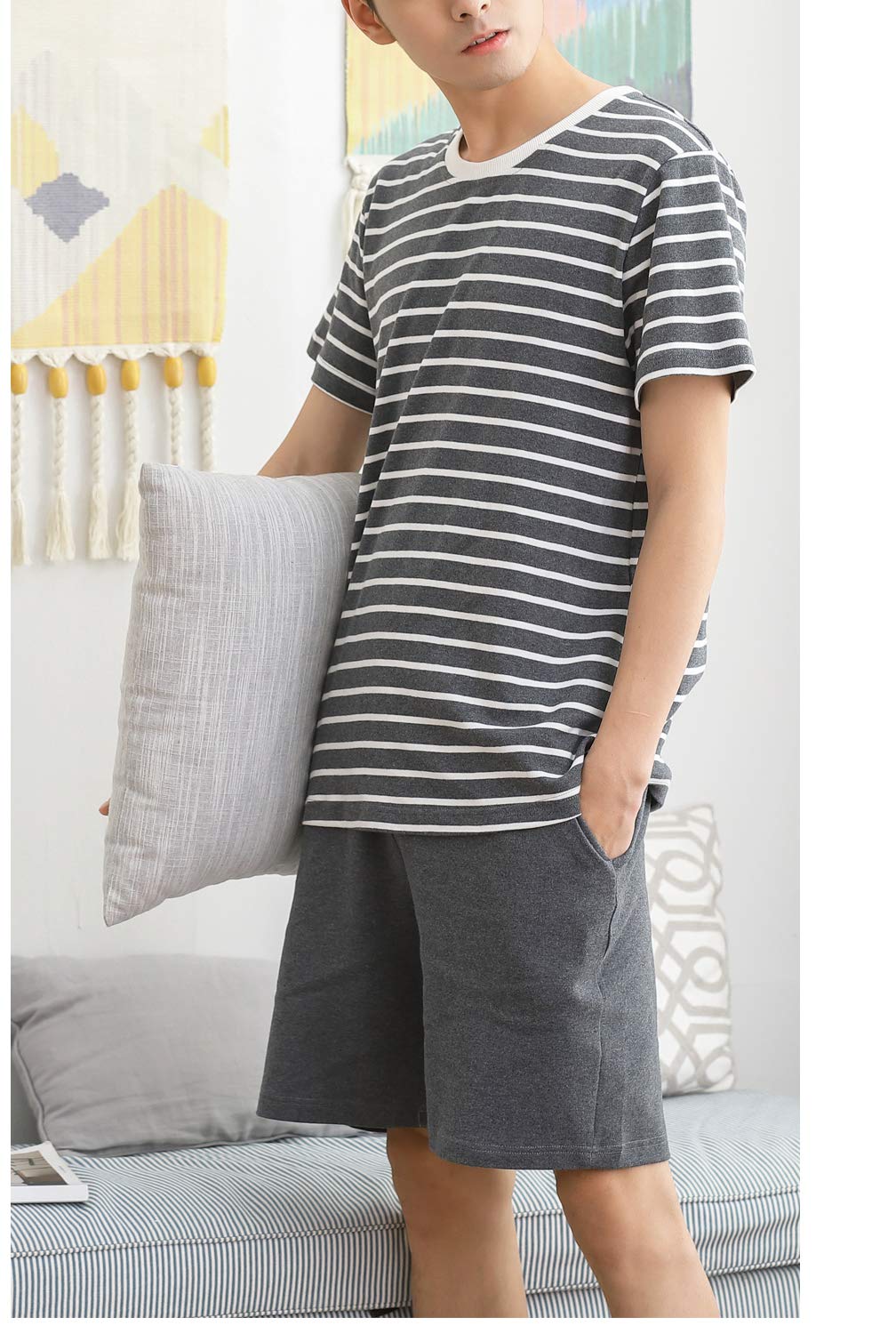 BYX SweetLeisure Boys' Cotton Pajama Set - Striped Summer Sleepwear Shorts for Teens (Sizes 12-18) | Comfortable Nightwear for Sleepovers & Lazy Weekends