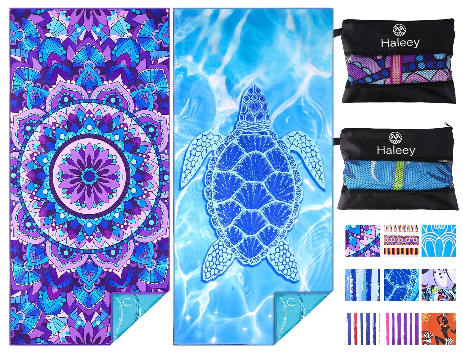 Haleey 2 Pack Microfiber Lightweight Beach Towel 180x80cm - Oversized Extra Large, Quick Dry, Sand Free - Perfect for Travel, Swimming, Pool, Yoga, Gym, Camping - Ideal Beach Accessories for Adults, Women & Men - Great Vacation Gift for Summer Outdoor Activities