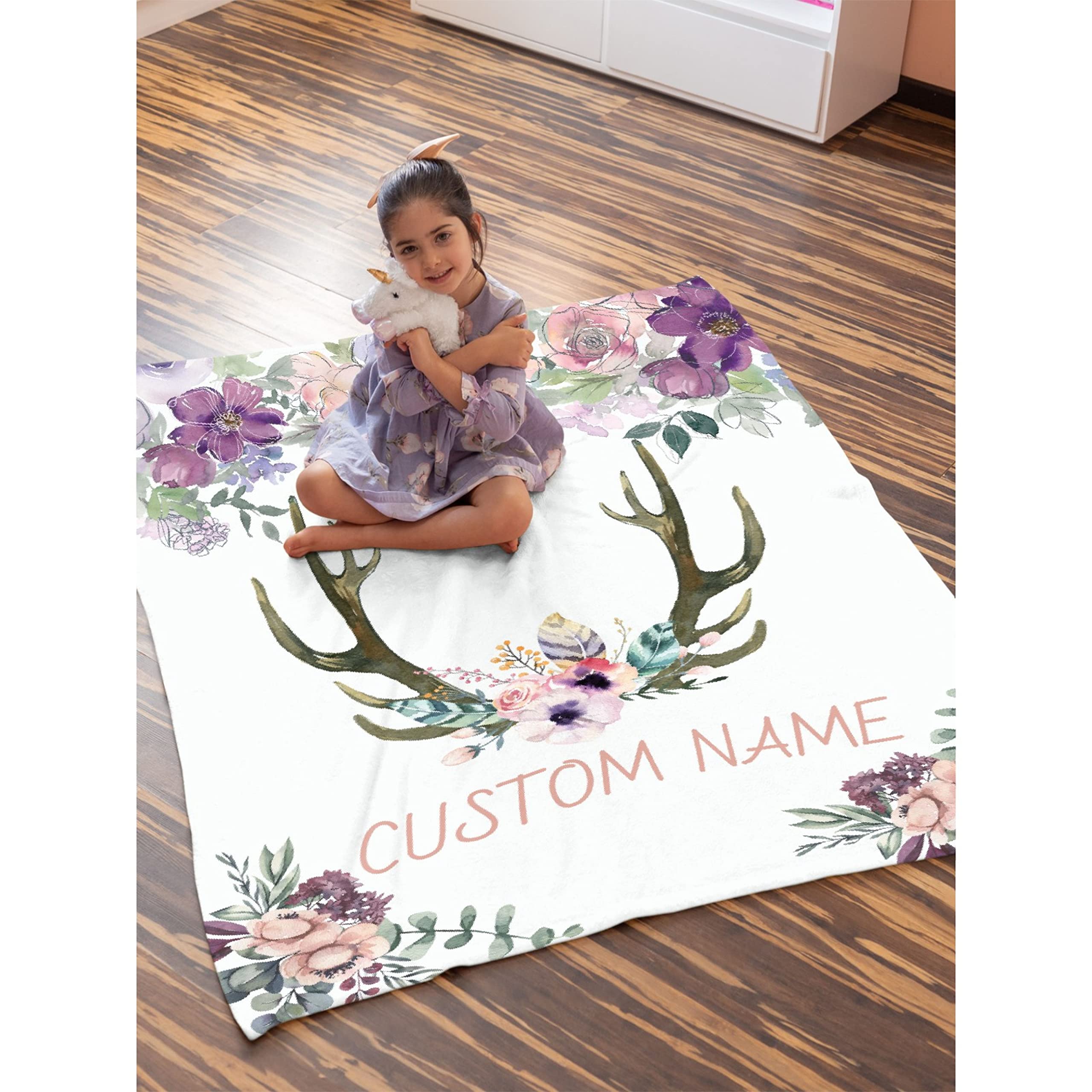 Personalized Baby Blanket with Name - Deer & Floral Pink Fleece Blanket for Girls, Boys, Baby Shower Gift - 120