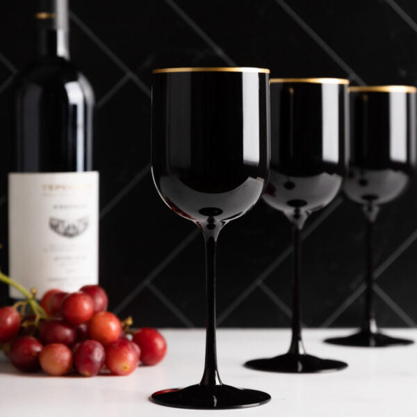 12 Oz Black and Gold Rim Plastic Wine Goblets - Set of 5 Shatterproof Cups for Parties, Weddings, and Outdoor Events