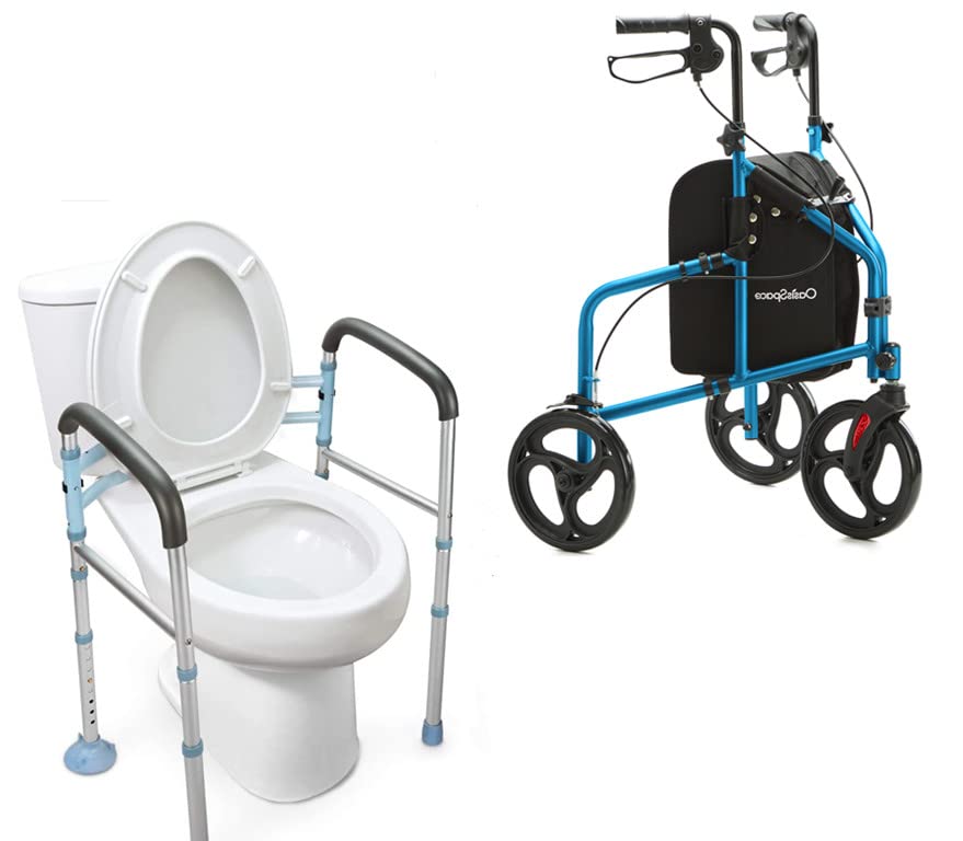 OasisSpace Stand Alone Toilet Safety Rail & 3-Wheel Rollator Walker with 10” Wheels - Mobility Aid for Elderly & Disabled - Home Bathroom Safety & Outdoor Walking Support