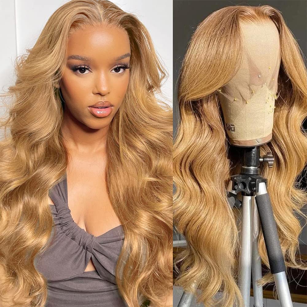 Honey Blonde 13x6 HD Lace Front Wig - 250% Density Human Hair Pre-Plucked Body Wave Glueless Wig with Transparent Lace (Light Brown) for Daily Wear, Cosplay & Special Occasions
