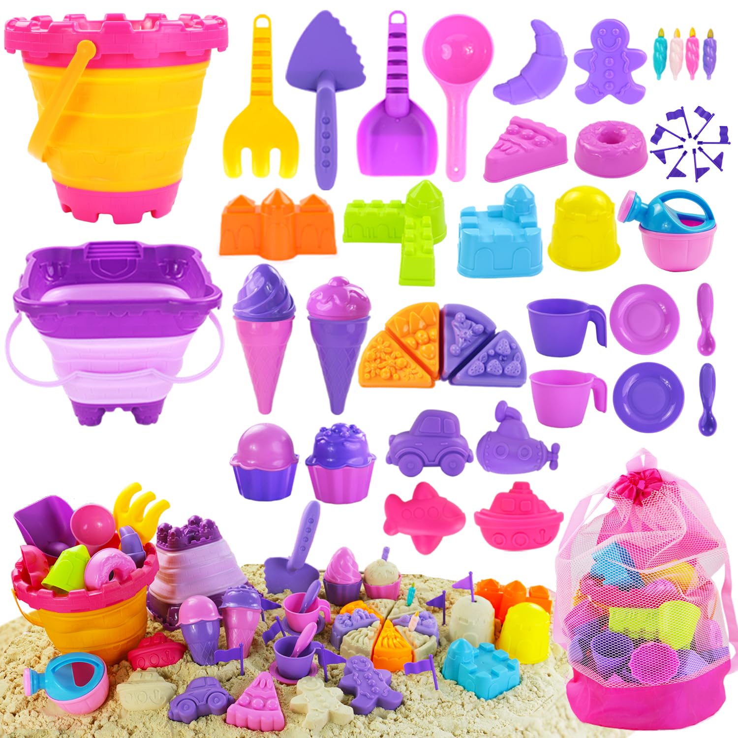 50Pcs Beach Sand Toys Set with 2 Collapsible Buckets, Mesh Backpack, Shovels & Sand Molds (Castle, Ice Cream, Cake) - Outdoor Travel Sandbox Toys for Kids Toddlers Girls - Perfect for Beach Trips, Backyard Play & Summer Activities