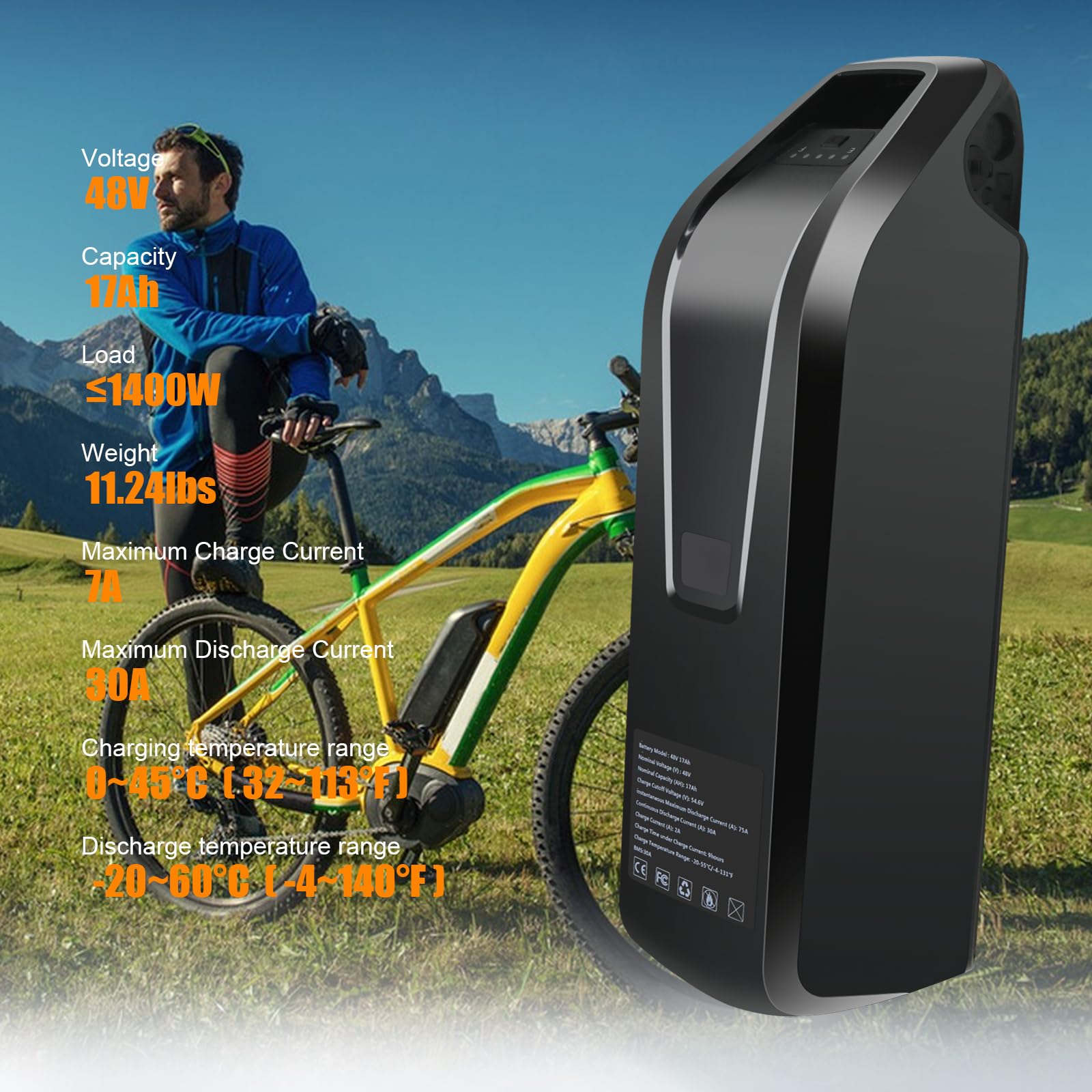 48V 17Ah Lithium Ebike Battery with Fast 2A Charger & USB Output - 30A BMS for 0-1400W Motors - Safe Lock & LED Indicator - Perfect for Commuting, Mountain Biking & Long-Distance Rides
