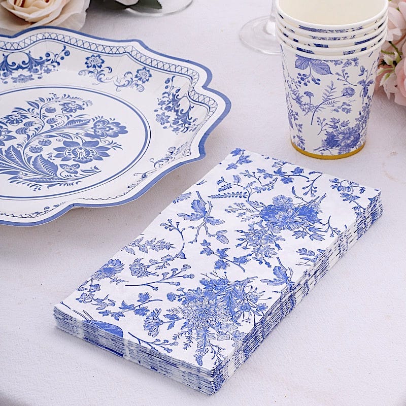 20-Pack Floral 2-Ply Disposable Paper Dinner Napkins - White with Blue Design for Parties, Weddings & Home Decor