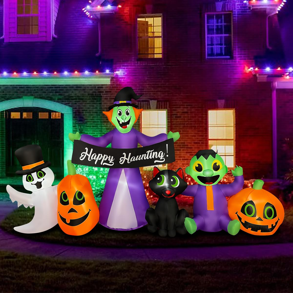 8ft Halloween Inflatable Decor Set - Witch, Ghost, Frankenstein & Black Cat with LED Lights & Pumpkin | Indoor/Outdoor Holiday Decorations for Yard, Party & Haunted House