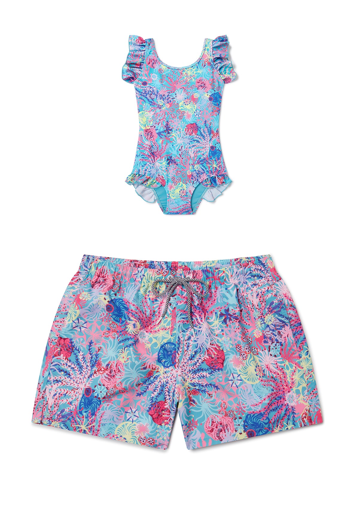 Coral Little Girls Swimsuit & Matching Mother Daughter Swimwear Set - Beach Vacation, Pool Party, Family Outing