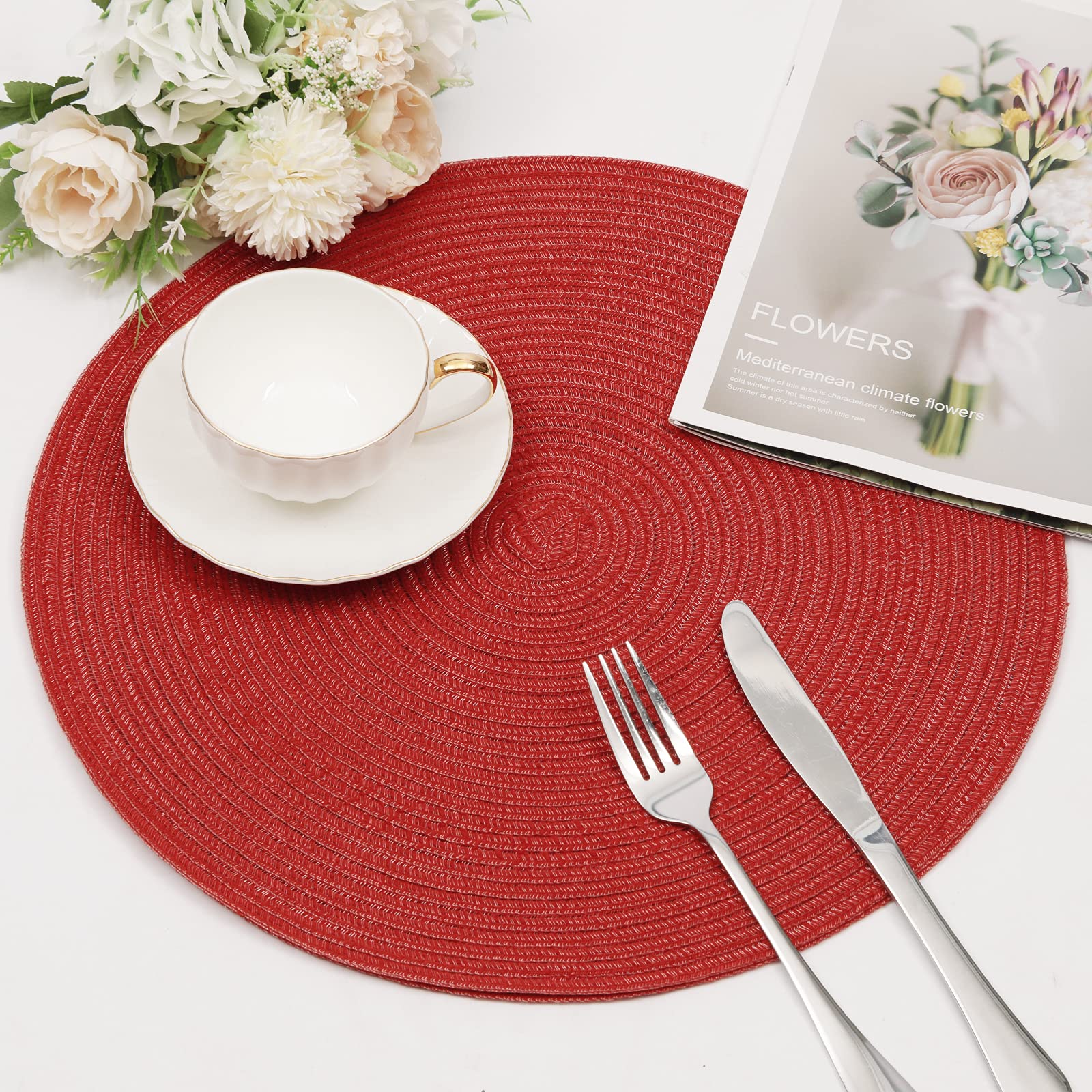 SHACOS 15 Inch Round Braided Placemats Set of 4 - Washable & Durable Table Mats for Kitchen, Dining, Home Decor - Perfect for Wedding, Party, Holiday Dinner (Red) - Ideal for Indoor & Outdoor Entertaining