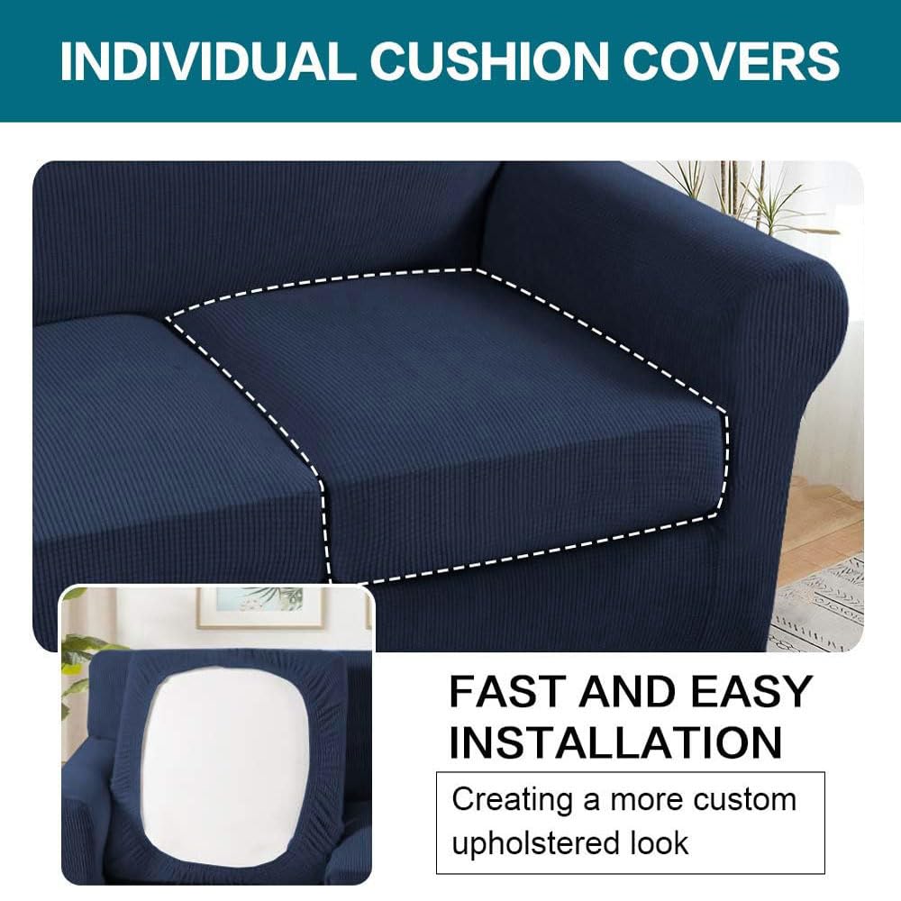 Turquoise 4-Piece Sofa Slipcover Set for 3-Cushion Couch - Soft Washable Jacquard Fabric Furniture Protector with Individual Cushion Covers (Navy Blue) - Perfect for Pet Owners & Living Room Decor