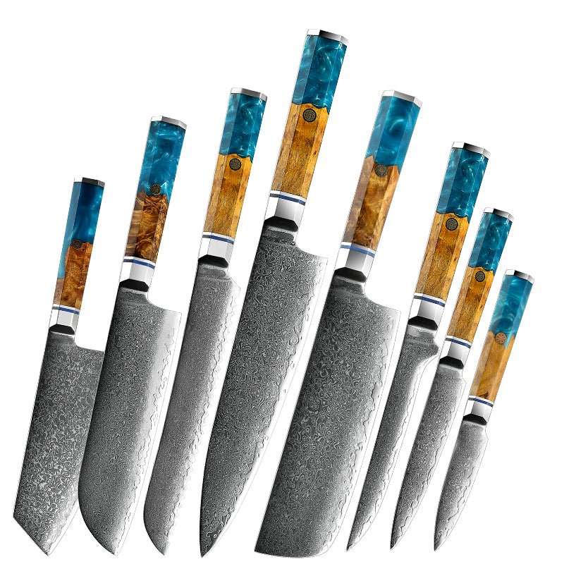Premium VG10 Damascus Steel 8-Piece Japanese Knife Set with Exotic Olive Burl Wood & Resin Handle - Perfect for Professional Chefs & Home Cooking Enthusiasts
