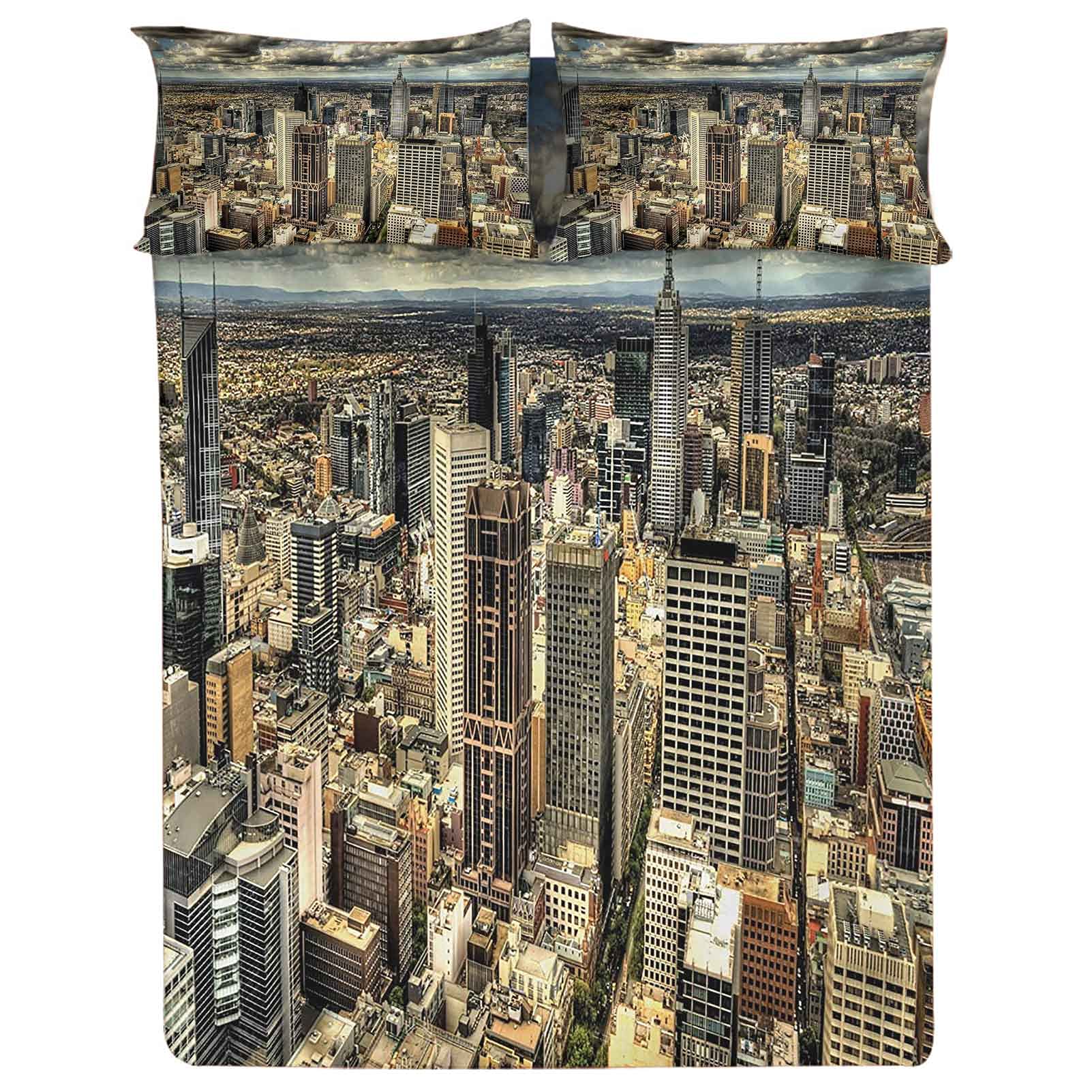 Queen Size Fitted Sheet Set - Melbourne Cityscape Modern Architecture Design with Dramatic Sky Print, 3-Piece Includes 1 Fitted Sheet & 2 Pillow Cases, 15