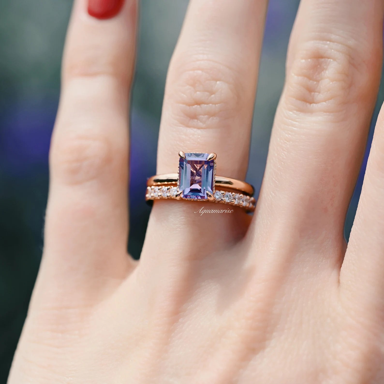 Alexandrite Engagement Ring Set - 14K Rose Gold Vermeil Wedding Band for Women | Perfect for Proposals, Anniversaries & Special Occasions