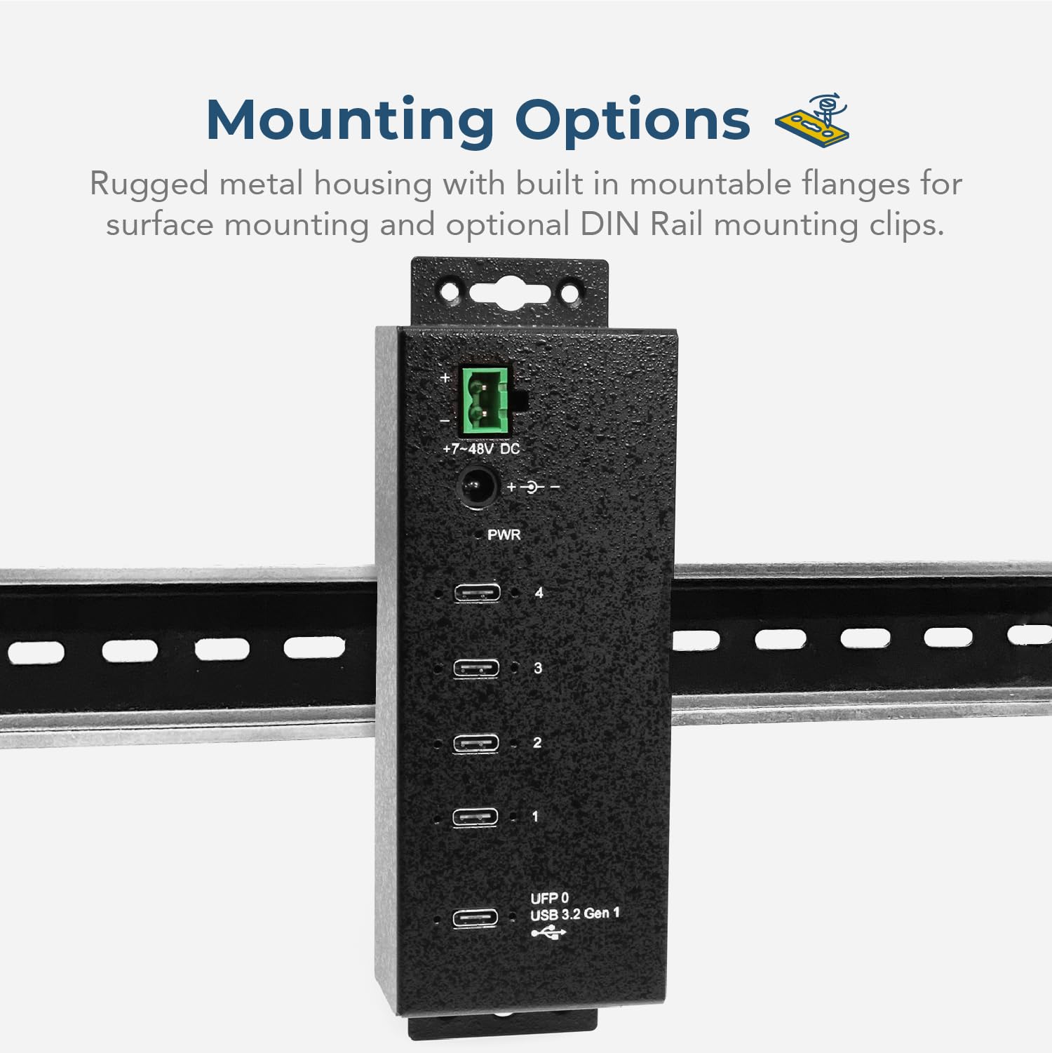 4-Port USB-C 3.2 Hub with 15KV ESD Surge Protection - DIN Rail Mount for Industrial Control Panels & Server Racks