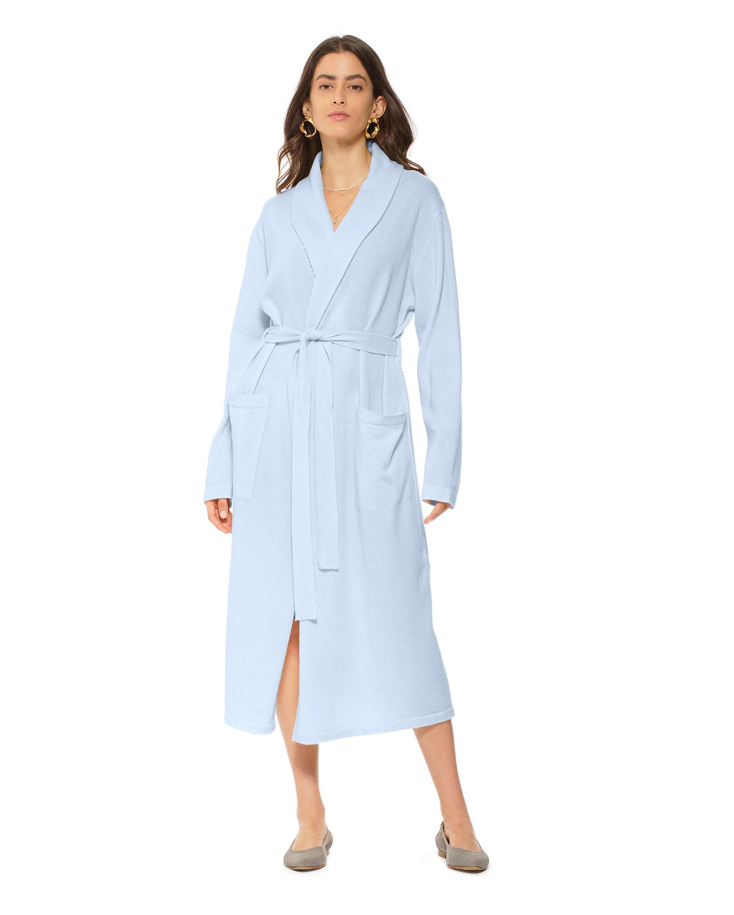 Luxury Women's Pure Cashmere Knit Robe - Soft Pastel Blue Winter Loungewear for Spa, Home & Gift Giving