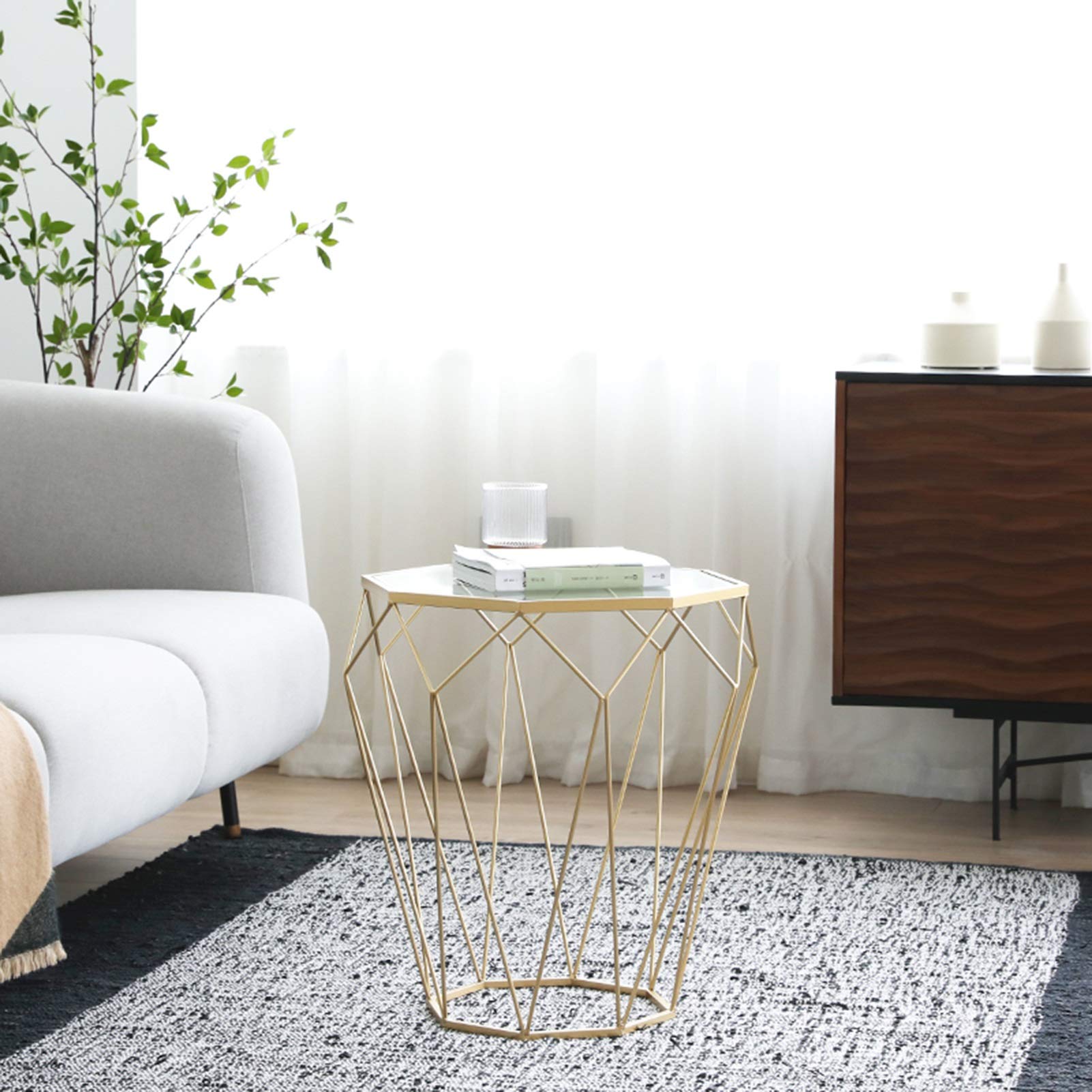Nordic Octagon Iron Art Coffee Table - 46x56CM Transparent Tempered Glass Top with Gold Frame for Living Room, Balcony, Bedroom & Snack Time
