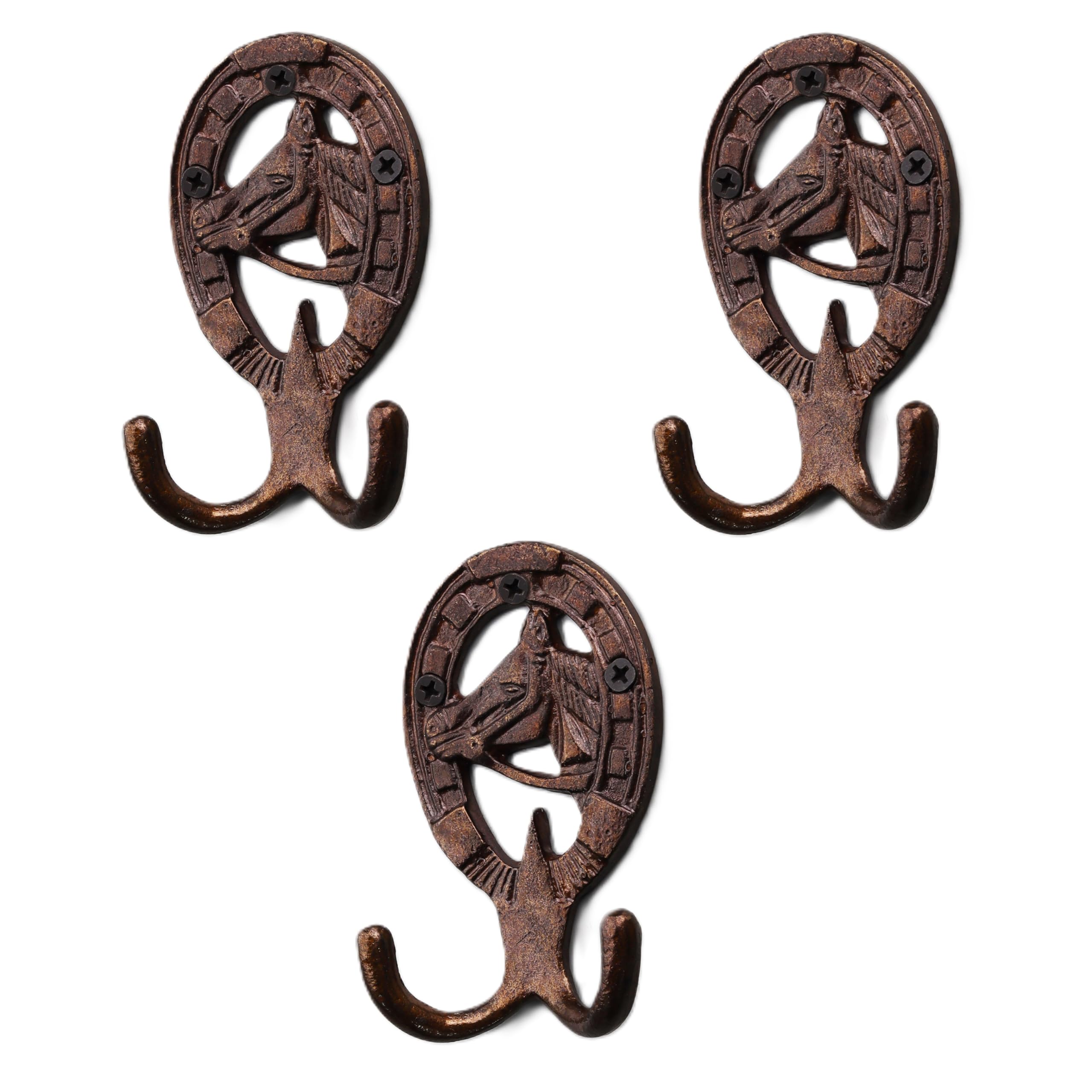 Vintage Cast Iron Horse Wall Hooks - Set of 3 Double Coat Hooks for Kids Room, Nursery & Entryway - Decorative Animal Hooks for Coats, Hats & Bags - Safari & Farmhouse Style Home Decor