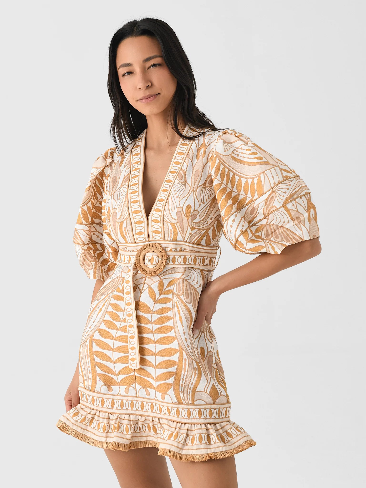 Farm Rio Lace Natural Mini Dress - Floral Boho Summer Dress for Women | Perfect for Beach Vacations, Weddings & Date Nights