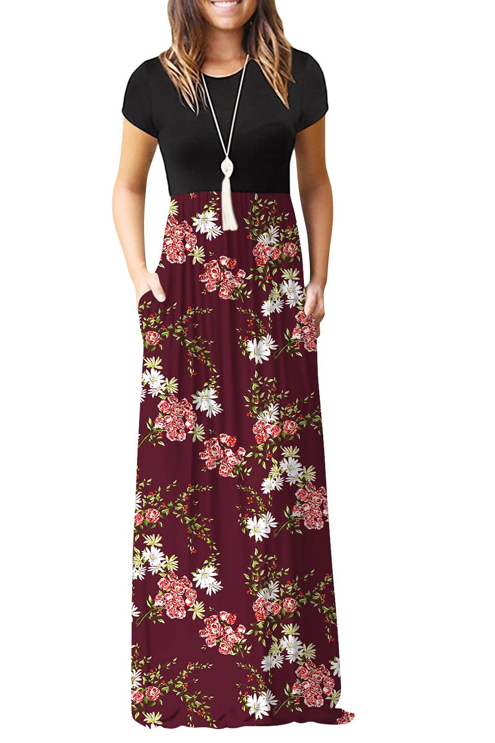 EUOVMY Women's Summer Casual Short Sleeve Loose Plain Maxi Dress with Pockets - Flowy Beach Dress for Vacation, Outdoor, and Daily Wear
